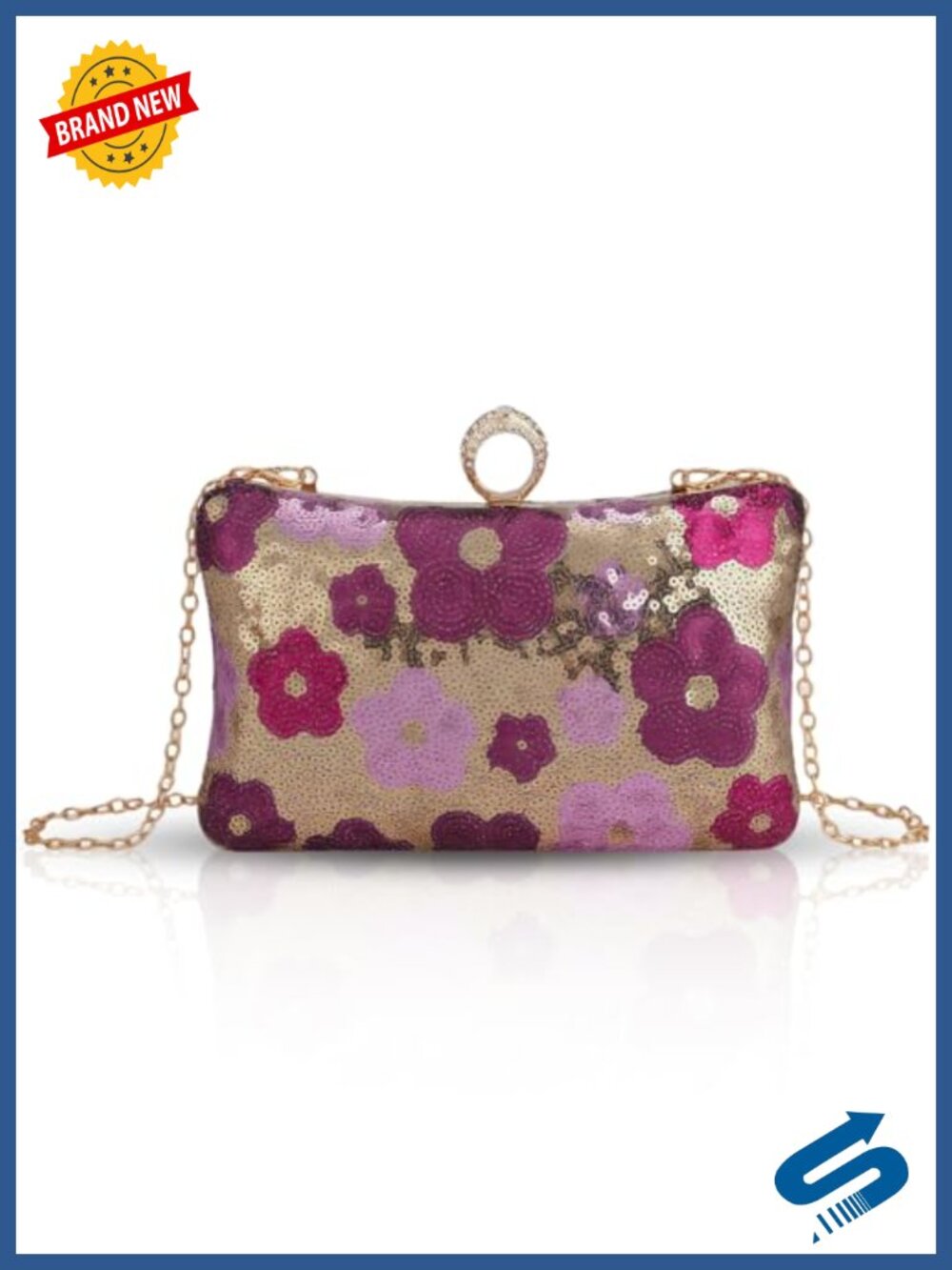 Floral Clutch Evening Bag with Metal Rhinestones Detachable Chain Crossbody